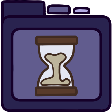 a purple file folder with an hour glass in it.